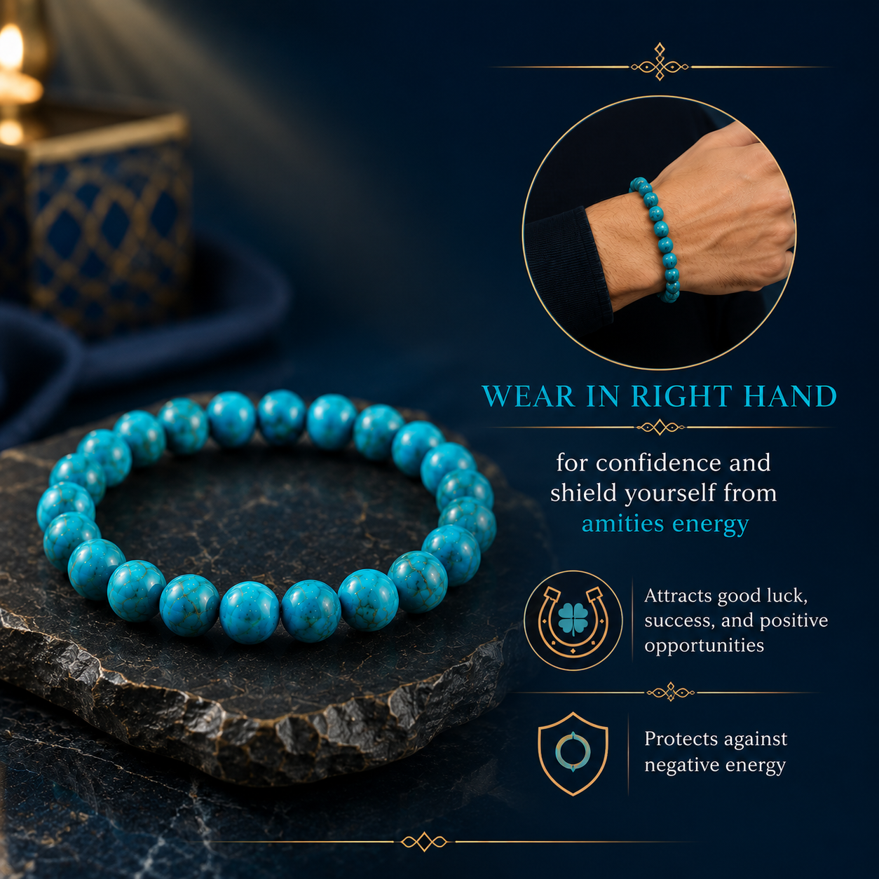 Firoza Bracelet (Natural Turquoise Stone) With Free Raw Selenite Plate