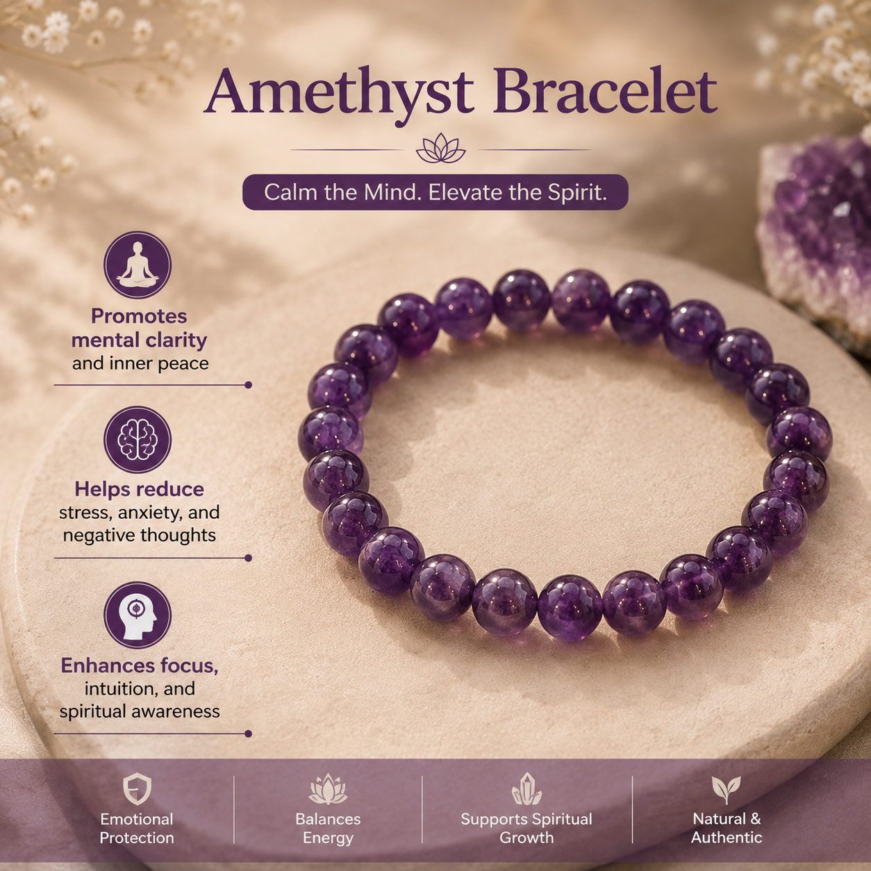 Amethyst Gemstone Bracelet With Free Raw Selenite Plate
