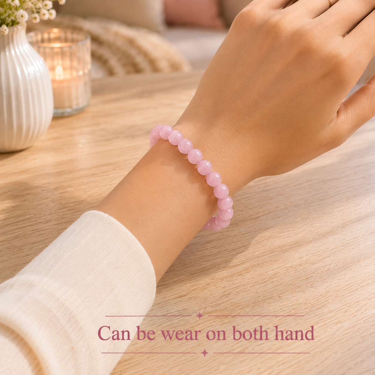 Rose Quartz Beaded Bracelet With Free Raw Selenite Plate