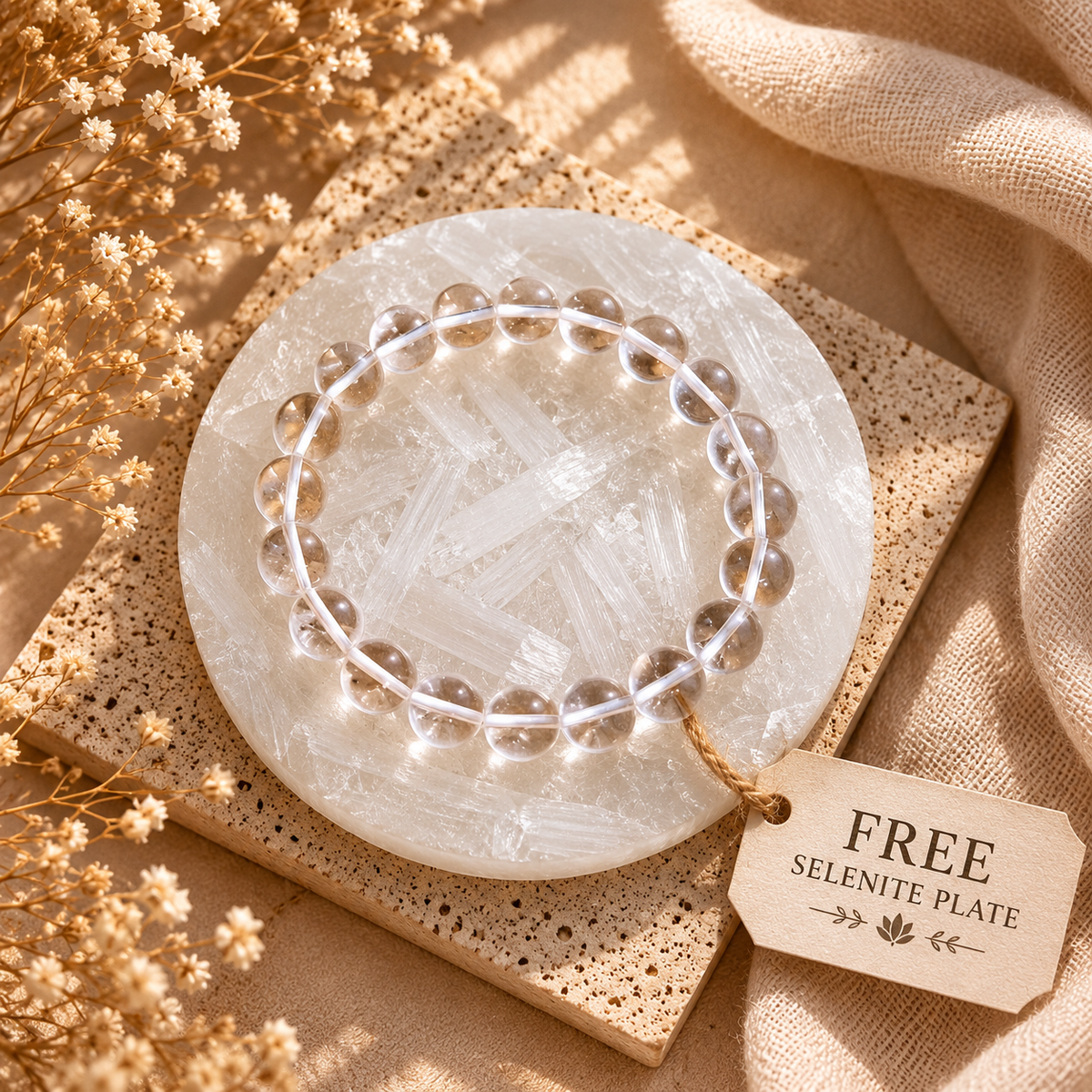Clear Quartz (Sphatik) Bracelet With Free Raw Selenite Plate