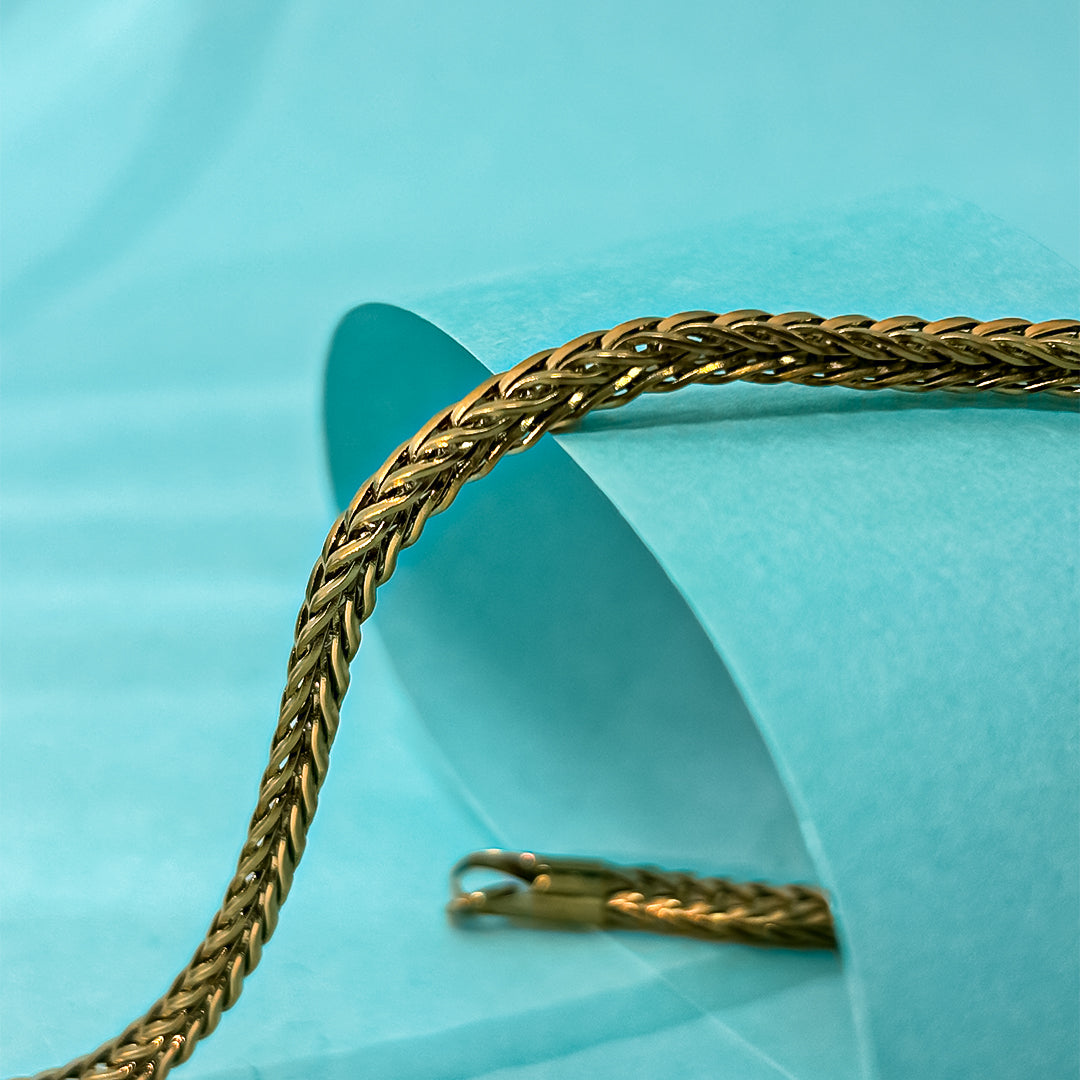 Firoza Gemstone Locket - Golden + Classic Flat Wheat (Foxtail) Chain