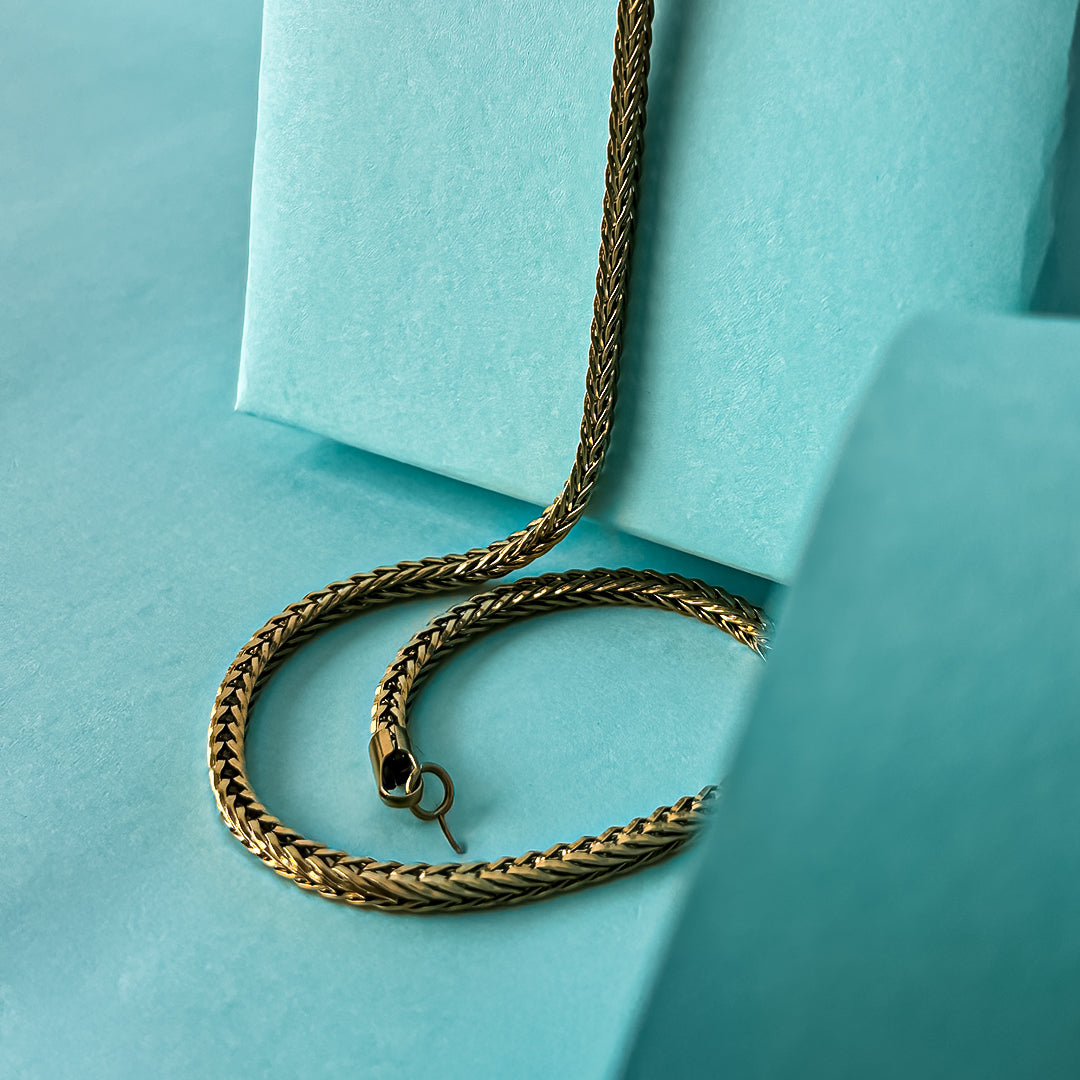 Firoza Gemstone Locket - Golden + Classic Flat Wheat (Foxtail) Chain